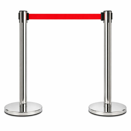 2 Pack Queue Barrier Stanchion Posts Retractable Belt Crowd Control Safety Barrier Silver Red