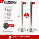 2 Pack Queue Barrier Stanchion Posts Retractable Belt Crowd Control Safety Barrier Silver Red