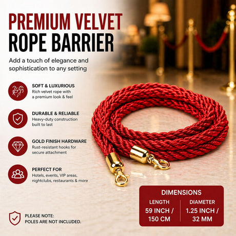 Premium Velvet Rope Barrier Queue Rope with Gold Hooks Red 150cm VIP Crowd Control Rope