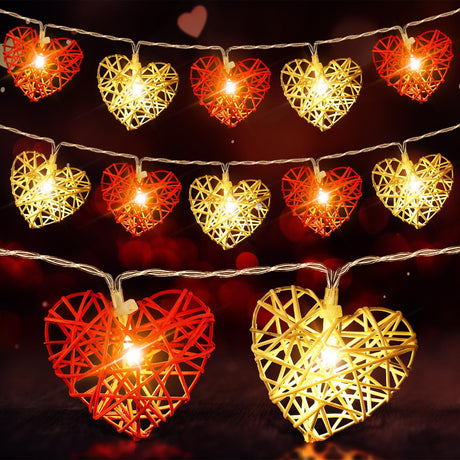 20 Red and White 3D Hollowed Rattan Heart-Shaped 3M String Fairy Lights, Battery (AA) Indoor & Outdoor Decorations Wedding Valentines Romantic Room Table Lighting