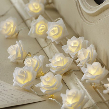 50 White Rose 3D Fairy Lights 5M LONG String, Battery (AA) Indoor & Outdoor Decorations Wedding Valentines Romantic Room Table Lighting