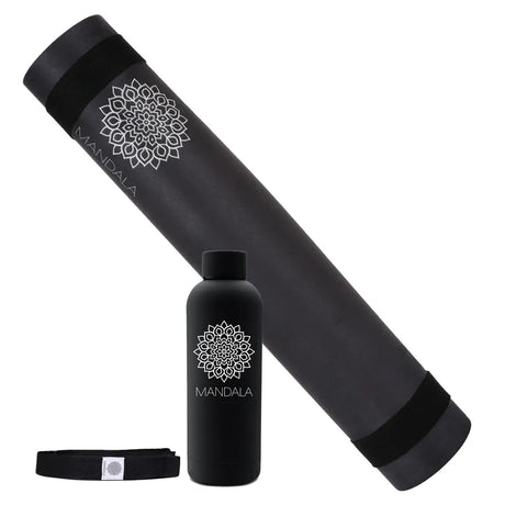 Mandala Yoga Mat Premium Bundle, Includes Yoga Mat 188cm H x 61cm W, Yoga Strap & Steel Hydration Bottle - Black