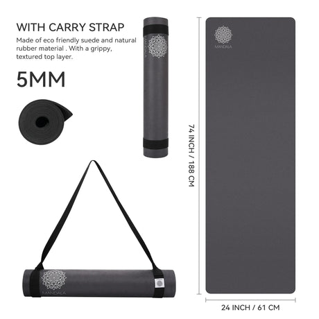 Mandala Yoga Mat Premium Bundle, Includes Yoga Mat 188cm H x 61cm W, Yoga Strap & Steel Hydration Bottle - Black