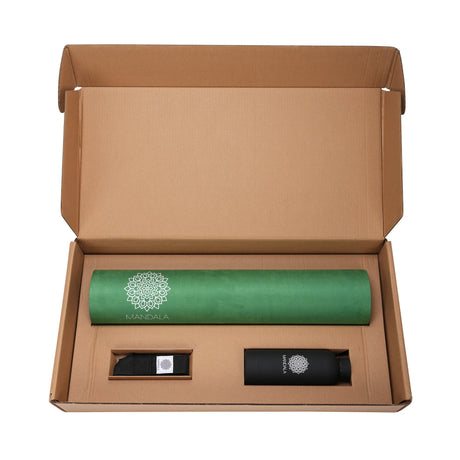 Mandala Yoga Mat Premium Bundle, Includes Yoga Mat 188cm H x 61cm W, Yoga Strap & Steel Hydration Bottle - Jade Green