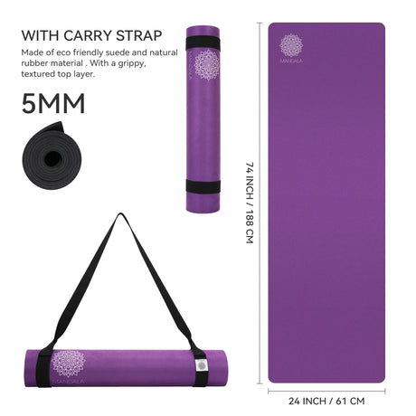 Mandala Yoga Mat Premium Bundle, Includes Yoga Mat 188cm H x 61cm W, Yoga Strap & Steel Hydration Bottle - Purple