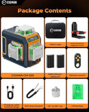 CIGMAN Green Laser Level, 3x360° Side LCD 12-Line Self-Leveling, Bluetooth App Remote, Pulse Mode for Receiver, ±1/8 in. at 33 ft Accuracy, 2x Li-ion (USB-C), 1/4-20 Mount, IP54, ABS Hard Case - S03