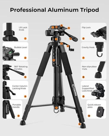 CIGMAN 59-inch Lightweight Adjustable Laser Level Tripod with 3-Way Swivel Pan Head, Bubble Level, Phone Holder, Quick Release Plate with 1/4