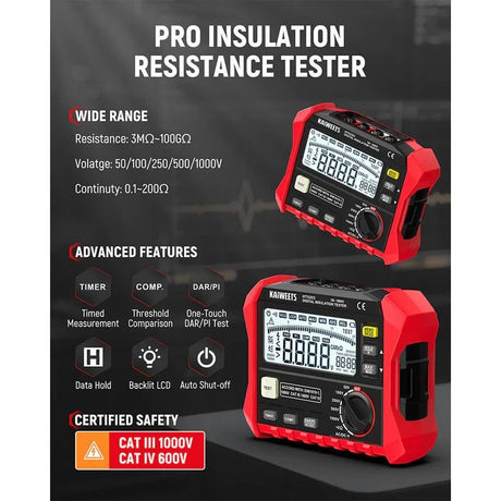 KAIWEETS Megohmmeter, Insulation Resistance Tester, Up to 100GΩ, 50V/100V/250V/500V/1000V, One-Touch DAR/PI, with AC/DC Voltage Testing for Motors, Solar, HVAC