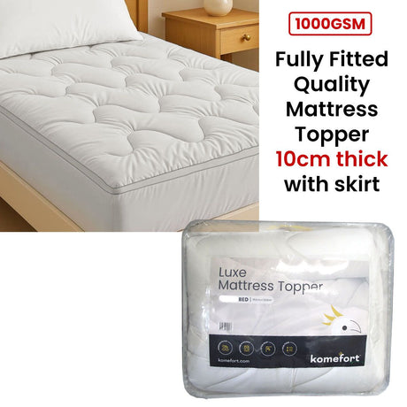 1000GSM Luxe Fully Fitted Mattress Topper 10cm thick with Fitted Skirt Double