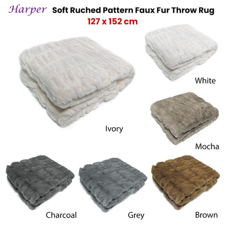 Harper Soft Ruched Pattern Faux Fur Throw Rug 127 x 152 cm Mocha
