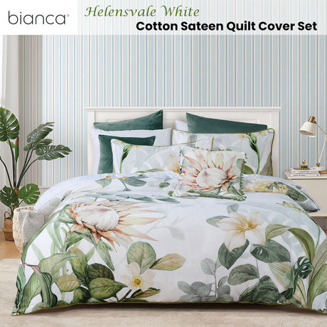 Bianca Helensvale White Floral Cotton Sateen Quilt Cover Set Queen