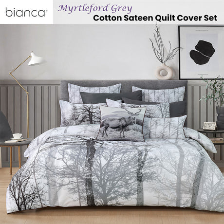 Bianca Myrtleford Grey Cotton Sateen Quilt Cover Set Super King