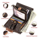 Men's Genuine Leather Wallet RFID Blocking Retro Bifold Zipper Card Holder with Key Chain