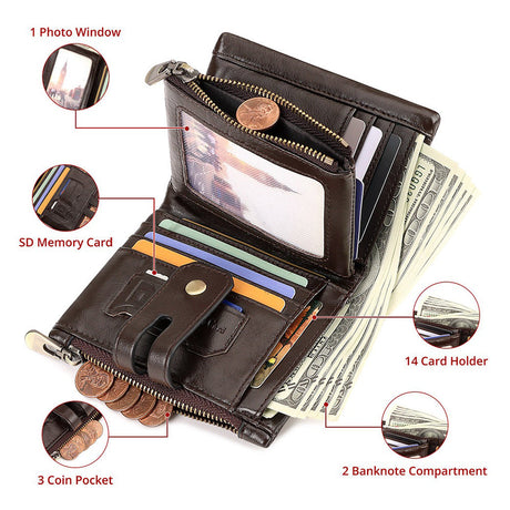 Men's Genuine Leather Wallet RFID Blocking Retro Bifold Zipper Card Holder with Key Chain