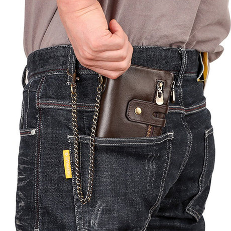 Men's Genuine Leather Wallet RFID Blocking Retro Bifold Zipper Card Holder with Key Chain