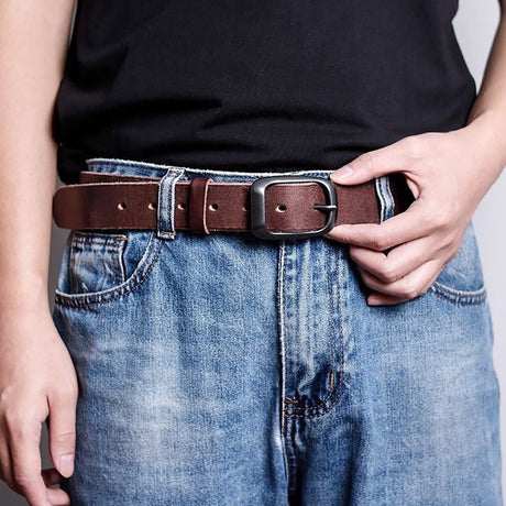 Men's Genuine Leather Belt Vintage Cowhide Pin Buckle 125cm Adjustable Length