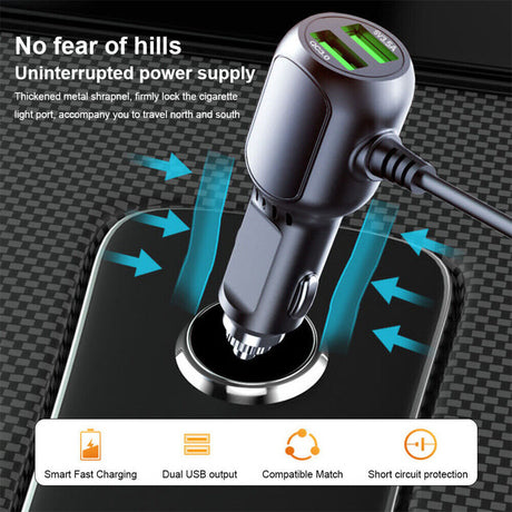 2 in 1 Dash Cam Car Charger Double USB 5V3.5A QC3.0 Fast 3.5M Cable