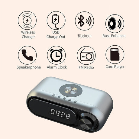 Bluetooth Speaker with 15W Wireless Charger Digital Alarm Clocks FM Radio Music Player (White)