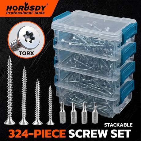 HORUSDY 324PCS Torx Wood Screws Assortment Kit Self Tapping with Storage Box
