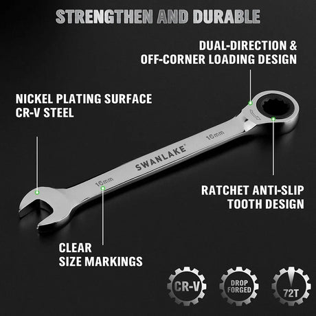SWANLAKE 12Pcs Metric Ratcheting Spanner Set 6-18mm CR-V Steel 72-Tooth Holder