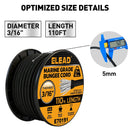 ELEAD 3/16" x 110FT Heavy Duty Bungee Cord Roll 5mm Marine Grade Shock Cord