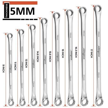 HORUSDY 8Pc Extra Long Aviation Spanner Set Double Ring Wrench 8-24mm 12 Point