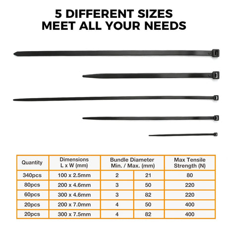 520Pcs Cable Ties Zip Ties Nylon UV Stabilised Bulk Black Cable Tie Black Au