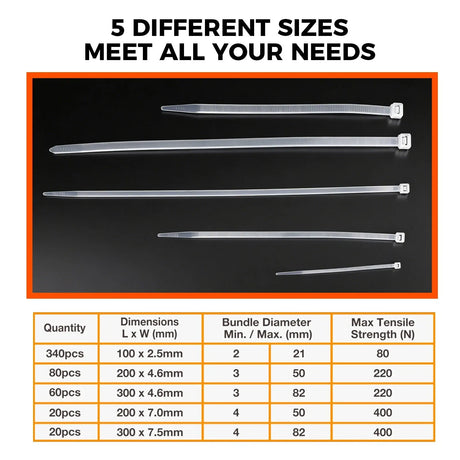 520-Pieces Cable Ties Zip Ties Nylon UV Stabilised Bulk Black Cable Tie White