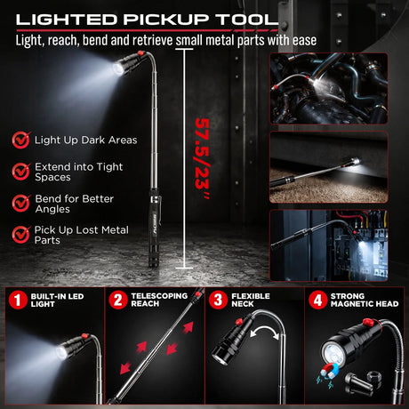 SEDY 15pc Auto Trim Removal Tool Kit Pick & Hook Set LED Magnetic Pickup
