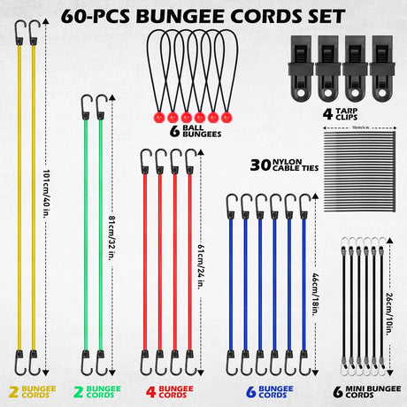 SEDY 60Pcs Bungee Cords Set Heavy Duty Tie Down Straps Camping Moving w/ Hooks