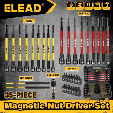 ELEAD 35Pcs Magnetic Nut Driver Bit Set Metric SAE 1/4