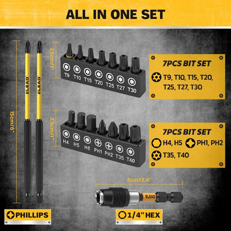 ELEAD 35Pcs Magnetic Nut Driver Bit Set Metric SAE 1/4