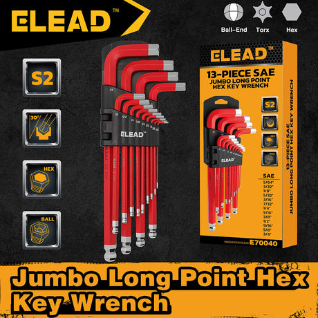 ELEAD 13Pc Extra Large Hex Key Set Long Allen Key Wrench Ball End SAE 5/64