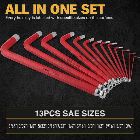 ELEAD 13Pc Extra Large Hex Key Set Long Allen Key Wrench Ball End SAE 5/64