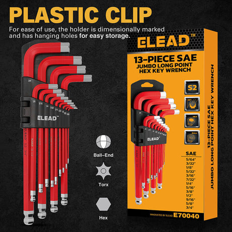 ELEAD 13Pc Extra Large Hex Key Set Long Allen Key Wrench Ball End SAE 5/64