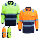 HI VIS Long Sleeve Workwear Shirt w Reflective Tape Cool Dry Safety Polo 2 Tone, Fluoro Yellow /Navy, M