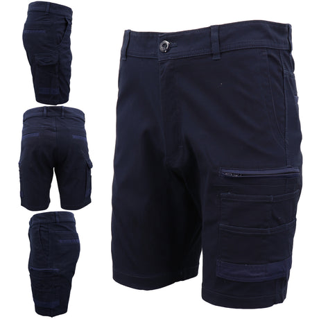 Mens Cargo Cotton Drill Work Shorts UPF 50+ 13 Pockets Tradies Workwear Trousers, Black, 36