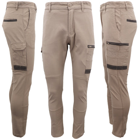 Men's Cotton Drill Cargo Work Pants UPF 50+ 13 Pockets Tradies Workwear Trousers, Khaki, 32