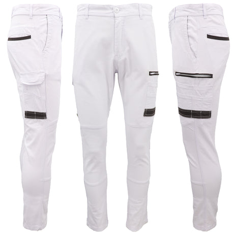 Men's Cotton Drill Cargo Work Pants UPF 50+ 13 Pockets Tradies Workwear Trousers, White, 34