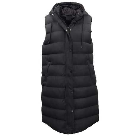 Women's Longline Padded Vest Hooded Jacket Puffer Puffy Quilted Zip Coat Gilet, Black, 12