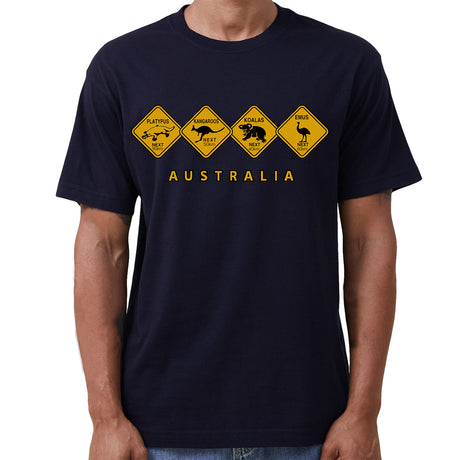 Adult Unisex 100% Cotton T Shirt Australia Wildlife Road Sign Souvenir Tee Tops, Navy, 2XL