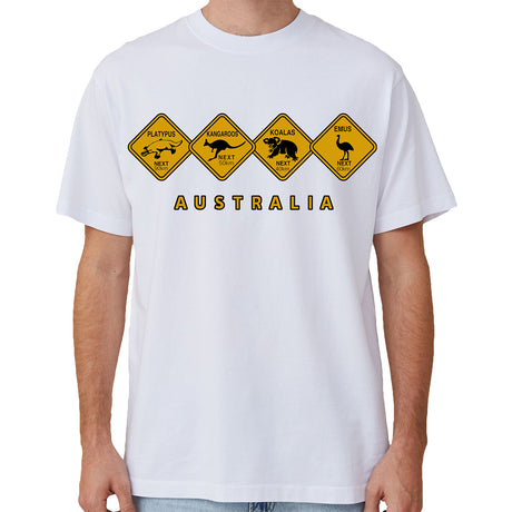 Adult Unisex 100% Cotton T Shirt Australia Wildlife Road Sign Souvenir Tee Tops, White, S