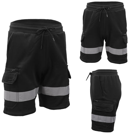 Hi Vis Fleece Work Cargo Shorts w Reflective Tape Workwear Tradie Utility Pants, Black, S