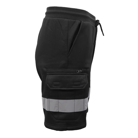 Hi Vis Fleece Work Cargo Shorts w Reflective Tape Workwear Tradie Utility Pants, Black, 3XL