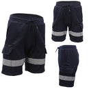 Hi Vis Fleece Work Cargo Shorts w Reflective Tape Workwear Tradie Utility Pants, Navy, M