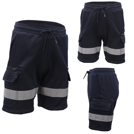 Hi Vis Fleece Work Cargo Shorts w Reflective Tape Workwear Tradie Utility Pants, Navy, M