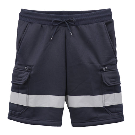 Hi Vis Fleece Work Cargo Shorts w Reflective Tape Workwear Tradie Utility Pants, Navy, L