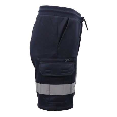 Hi Vis Fleece Work Cargo Shorts w Reflective Tape Workwear Tradie Utility Pants, Navy, XL