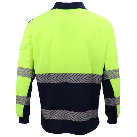 HI VIS Long Sleeve Polo Shirt Reflective Tape Safety Tradie Work Wear Tops Tee, Fluro Yellow / Navy, 3XL