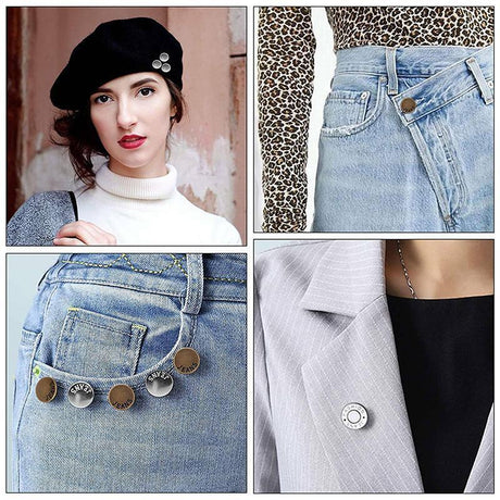8X Button Pins For Jeans Pants No Sew Instant Adjustable Jean Button Replacement - 6sets Silver Button Pins